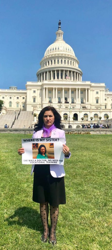 Ms. Rushan Abbas, founder and chair of “Campaign for Uyghurs” demonstrates in Washington, D.C, on behalf of her sister, Dr. Gulshan Abbas