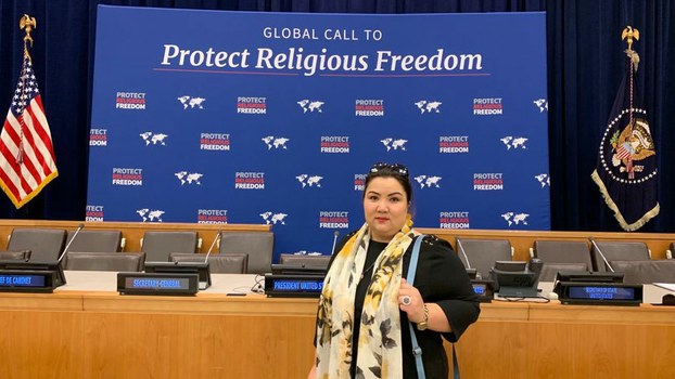 Uyghur internment camp survivor Zumuret Dawut attends an event on global religious freedom on the sidelines of the U.N. General Assembly in New York, Sept. 23, 2019