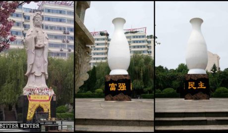 The Guanyin statue before and after it was “packed” in a large fiberglass vase.