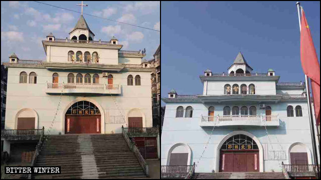 The Grace Church, before and after its cross was demolished.