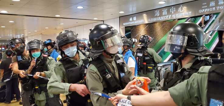 Hong Kong riot police on patrol during protest against National Anthem law, May 27, 2020. 