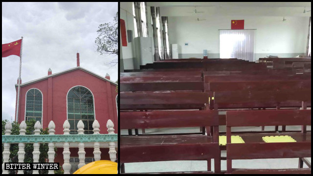 A Three-Self church in Xinyu city has no cross, only the national flag.