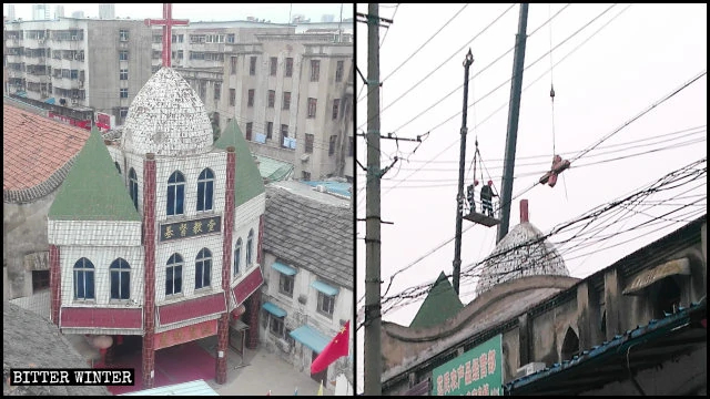 The cross was removed from the Gulou Church in Fuyang city.