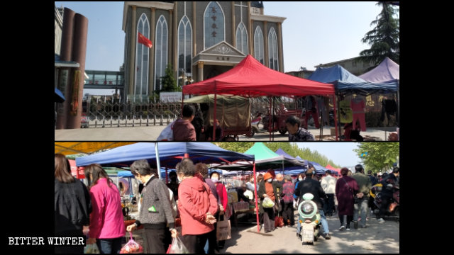The church remained closed, while the market in front of it was crowded.