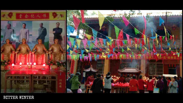 People worshiping “CCP’s great men” in the Tongsheng Temple in Guangxi’s Beiliu city.