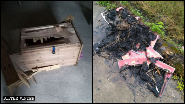 The church’s donation box was smashed, and religious verses removed and burned.