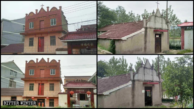 Two of the churches in Hanshan county before and after their crosses were removed.