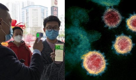 photo on the left that People showing their health codes before entering a shopping mall; photo on the right that This transmission electron microscope image shows SARS-CoV-2—also known as 2019-nCoV
