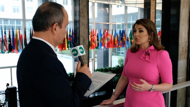 RFA's Uyghur Service director Alim Seytoff speaks with US Department of State spokesperson Morgan Ortagus in Washington, July 1, 2020. 