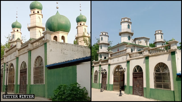 Five domes with star-and-crescent symbols were removed from a mosque in Minquan county’s Chumiao township.