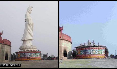 The Guanghan Temple’s Guanyin statue before and after the demolition.
