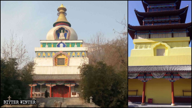 The Kalachakra Stupa before and after rectification.