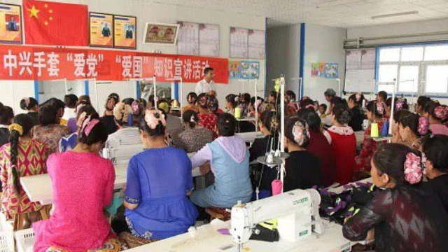 Uyghur women attend a mandatory class to learn “to love the country and the Party” after work.