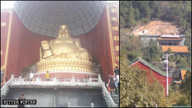 The Maitreya statue in the Yongfu Temple before and after it was destroyed.