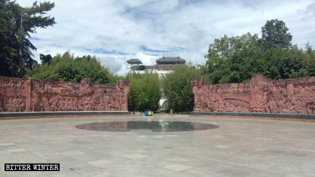 The square where the Guanyin statue stood is now empty.