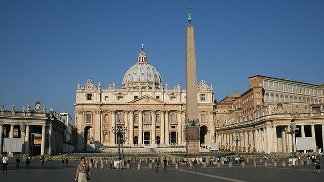 The St. Peter's Square before the St. Peter's Basilica and the Vatican Obelisk.