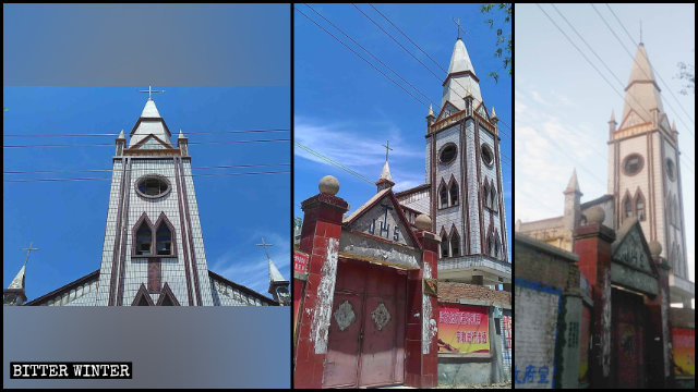 The Yinyao Catholic Church before and after its crosses were removed.